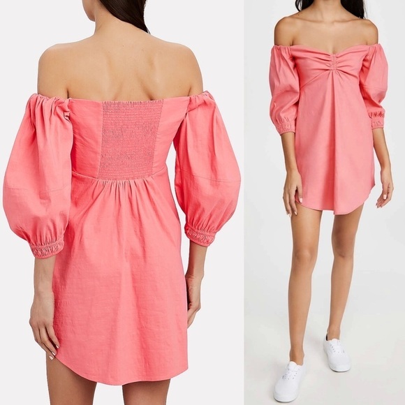 ALC Linen Off Shoulder Puff Sleeve Ruched Sweetheart Neck Smocked Babydoll Dress - Picture 6 of 10